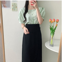 2021 summer new Korean version of simple Joker Square Collar Bubble Sleeve Shirt Blouse Clavicle Design Sense Small