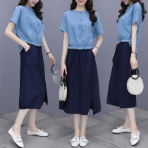 Cotton and linen suit skirt 2021 new female summer age reduction literature and art large size casual thin section small mother two-piece set