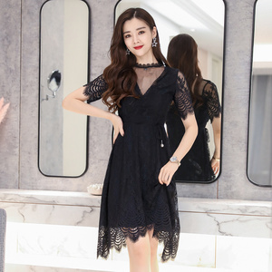 Summer new Korean lace panel cut-out waistband flare sleeve A-line skirt