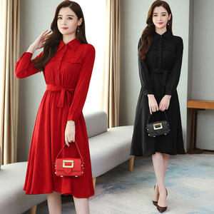 New Korean lace up Lapel Long Sleeve Dress