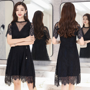 Summer new Korean lace panel cut-out waistband flare sleeve A-line skirt