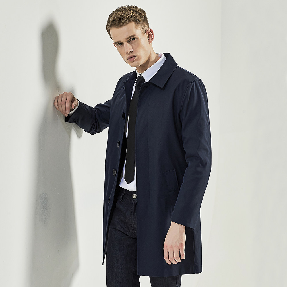 优杰仕正品中长款休闲男士风衣藏青色单排扣风衣男正品时尚男风衣