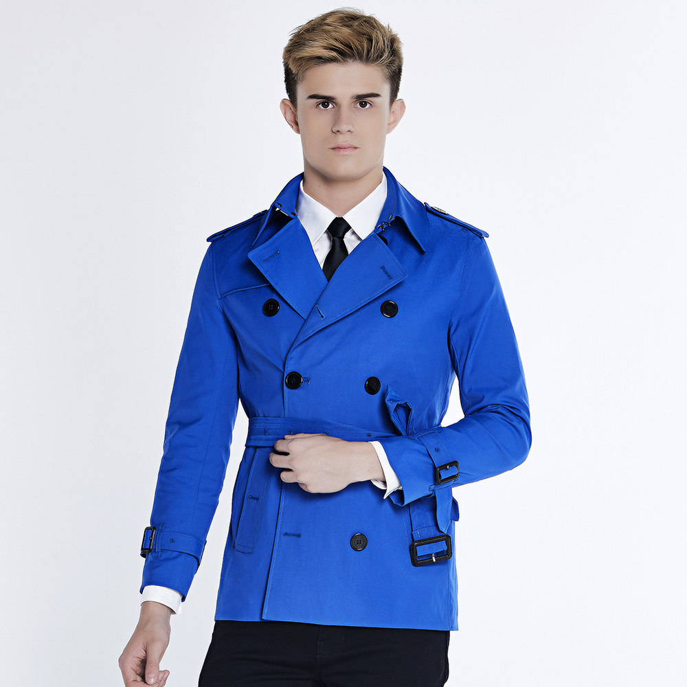 优杰仕青年风衣男秋季新款双排扣男士风衣短款时尚蓝色外套男风衣