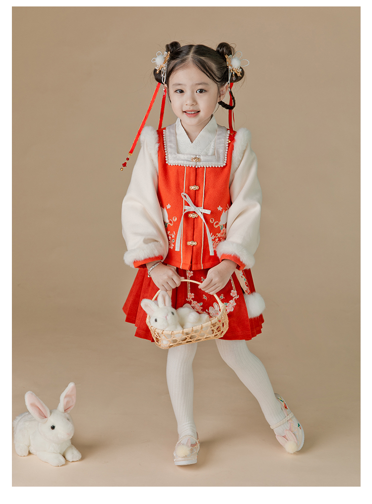 汉服女童冬款宝宝加绒短裙两件套裙小女孩刺绣古装过年唐装拜年服