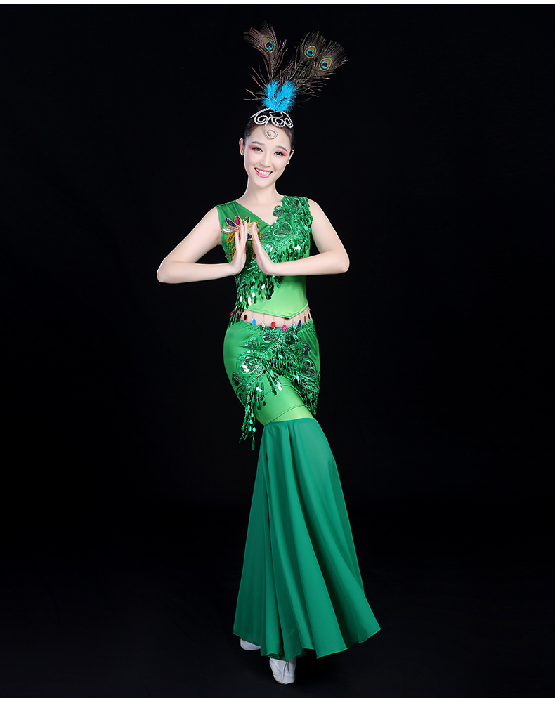 傣族舞蹈演出服云南少数民族舞蹈服装女成人修身孔雀舞鱼尾裙秋鼕