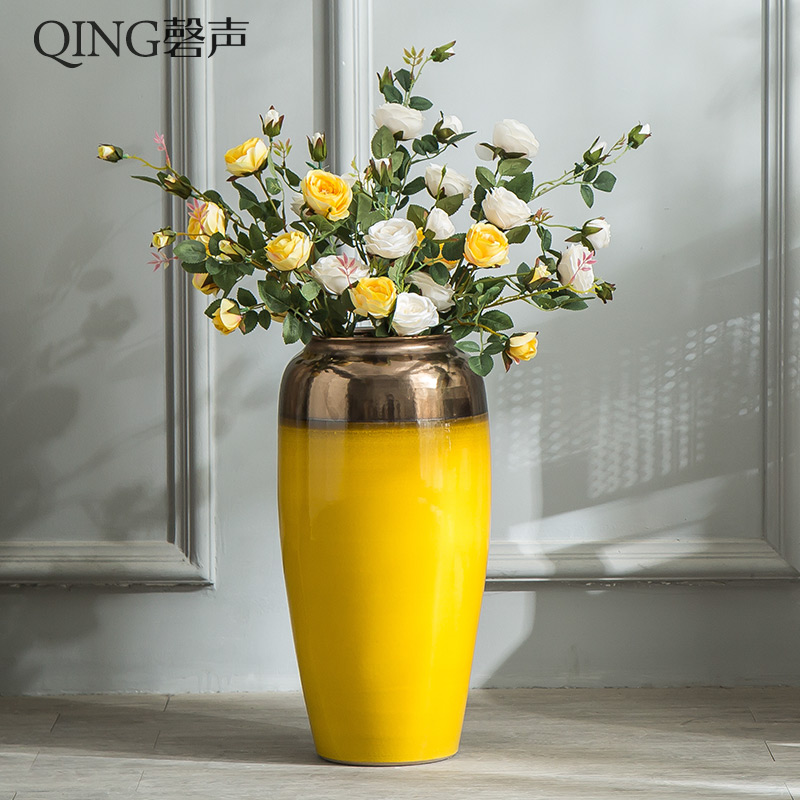 Jingdezhen ceramic floor big vase Nordic modern living room, large villa hotel furnishing articles yellow flower arranging decoration