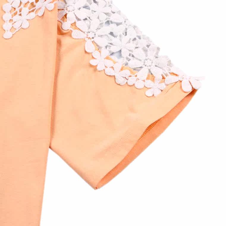 真维斯女装2015夏装新款 韩版时尚圆领纯色拼蕾丝短袖t恤女宽松