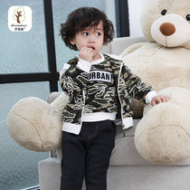 2021 Autumn New European and American style boys camouflage coat tide childrens pullover T-shirt with hooded zipper shirt two-piece set