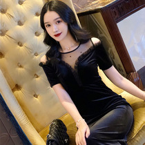 High-end long-sleeved velvet dress Autumn and winter small black dress temperament long birthday party Annual party banquet evening dress female