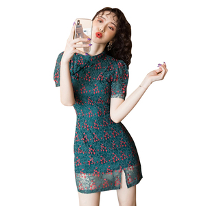 Japanese and Korean new embroidered lace cheongsam dress