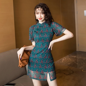 Japanese and Korean new embroidered lace cheongsam dress