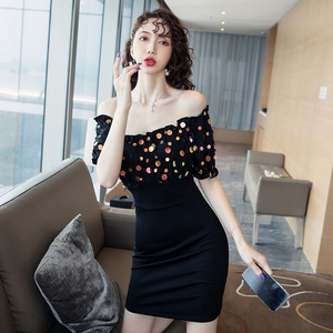 New Sequin one shoulder dress with slim fit and splicing in Japan and South Korea