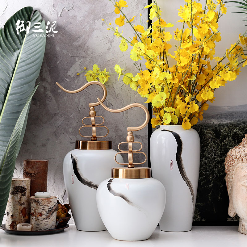 Jingdezhen ceramic vases, new Chinese style household handicraft furnishing articles flower arranging the metal ornaments zen tea room decoration