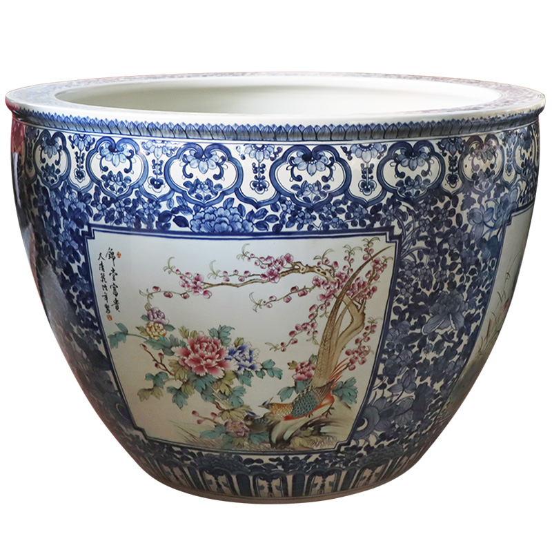 Jingdezhen to heavy cylinder large Chinese ceramic cornucopia sitting room aquarium raise the lotus pond lily cylinder blue and white pattern