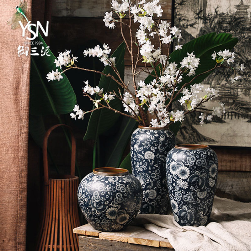 Royal three new Chinese style restoring ancient ways mud mesa blue and white porcelain vase simulation flowers, dried flowers, flower arrangement sitting room adornment furnishing articles