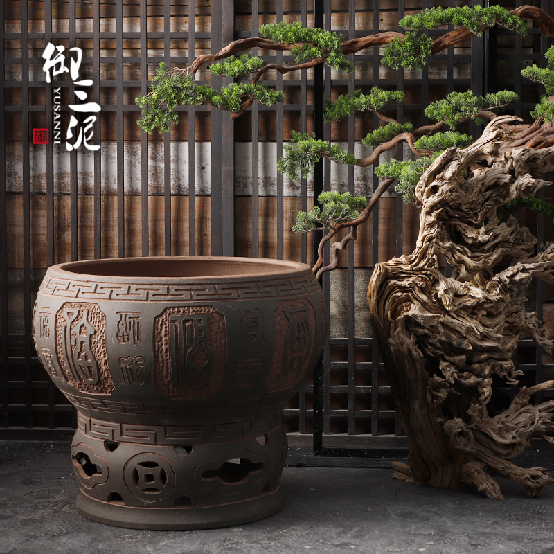 Jingdezhen earthenware coarse pottery ancient ceramic VAT aquarium fish turtle water lily cylinder engraving tank a goldfish bowl