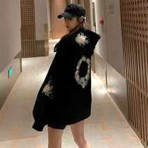 Guochao large size sweater female 200kg fat mm Korean loose bf lazy wind small man long hooded coat