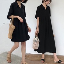 Big code Herben Wind Black Dress Superior 2022 Summer Fat MM Lean Temperament Short Sleeve Snowspun Skirt Long Dress