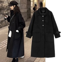 Large size woolen coat womens autumn and winter 2021 retro Hepburn style black woolen coat medium long small man