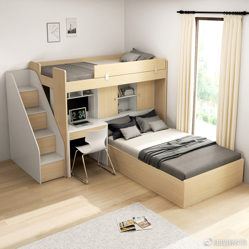 这种简洁的子母床, 小巧是他们很大的一个亮点,这样使得整个空间看