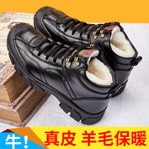 Official net red dragonfly cotton shoes mens winter warm and suede genuine leather mens shoes high help shoes mens Korean version trendy thick bottom