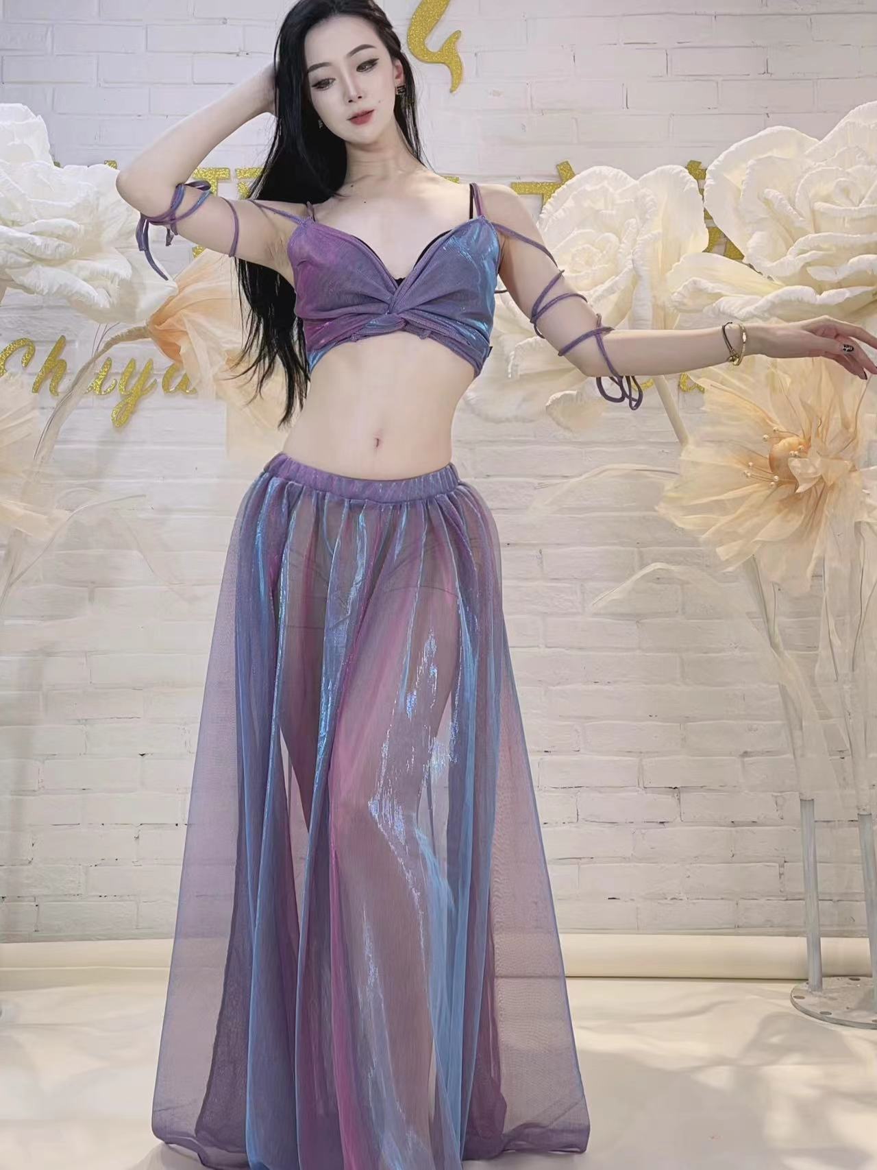 Belly dance practice 2023 Fall new upscale Oriental dance Pink Purple Sexy Long Dress Dance Suit-Taobao