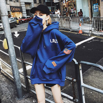 South Korea medium-long blue sweater womens thin loose ins tide bf hooded 2021 new autumn and winter velvet thickened