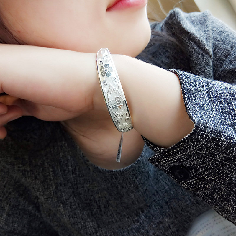 老银匠纯银手镯女s999足银手镯推拉可调节福字手镯送妈妈银镯子