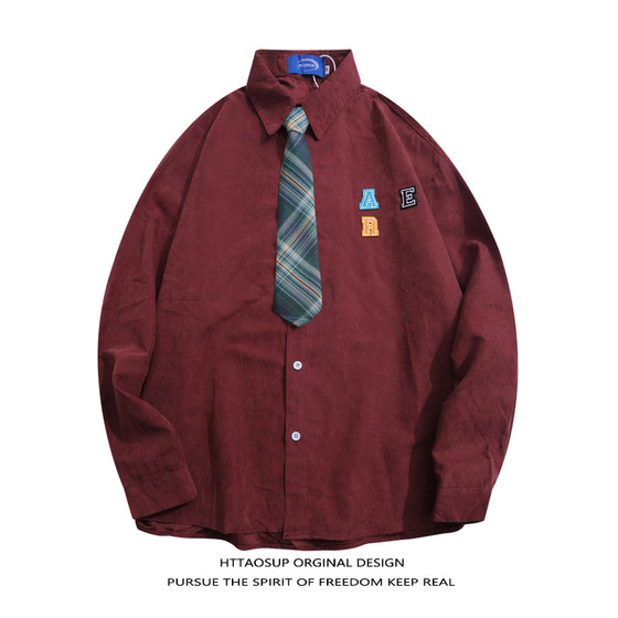HTTAOSUP retro Hong Kong style tie shirt men and women trendy brand letter embroidery casual loose long-sleeved shirt jacket HTTAOSUP retro Hong Kong style tie shirt men and women trendy brand letter embroidery casual loose long-sleeved shirt jacket