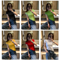 2021 new summer short sleeve female foreign style solid color slim round collar half sleeve inner chest bottom short T-shirt T