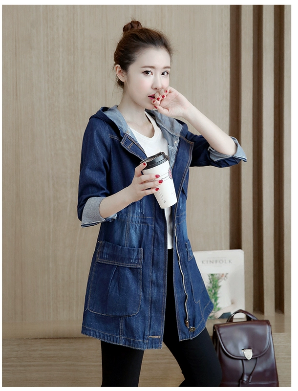 Thời trang 200 catties cộng với kích thước áo khoác denim của phụ nữ mùa hè áo gió có mũ trùm đầu mỏng dài tay dài mới với kích thước mùa hè - Trench Coat