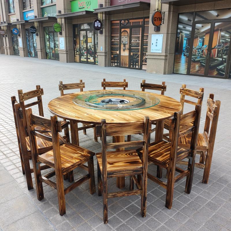 农家乐桌椅组合大排档圆形火锅桌电磁炉一体饭店餐馆实木餐桌商用
