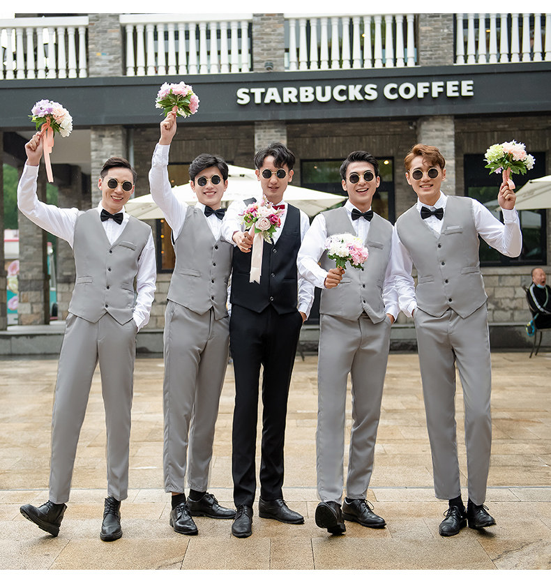 伴郎服兄弟装团西装男结婚迎亲礼服西服衬衫马甲西裤三件套装西式