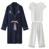 Womens nightgown three-piece yukata Winter pure cotton thin nightgown Japanese cute home wear long-sleeved pajama set Spring and autumn