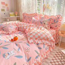 Fairy ins little rabbit plaid princess wind four-piece brushed girl heart bear cotton dormitory single double cotton