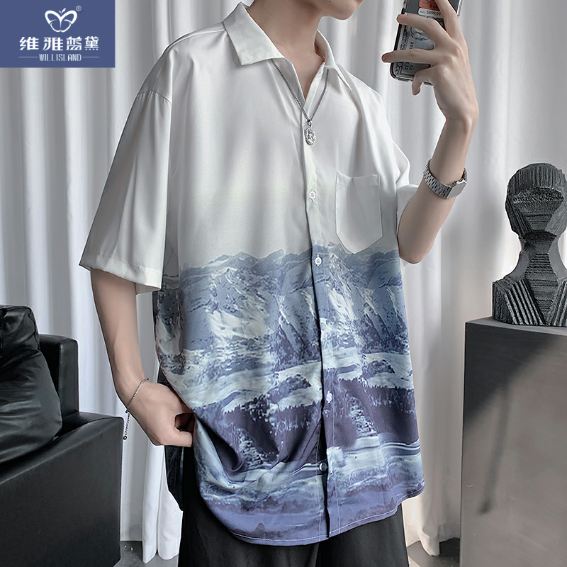 . Summer drape satin landscape painting print short-sleeved white shirt male ins Hong Kong style Japanese all-match half-sleeved shirt