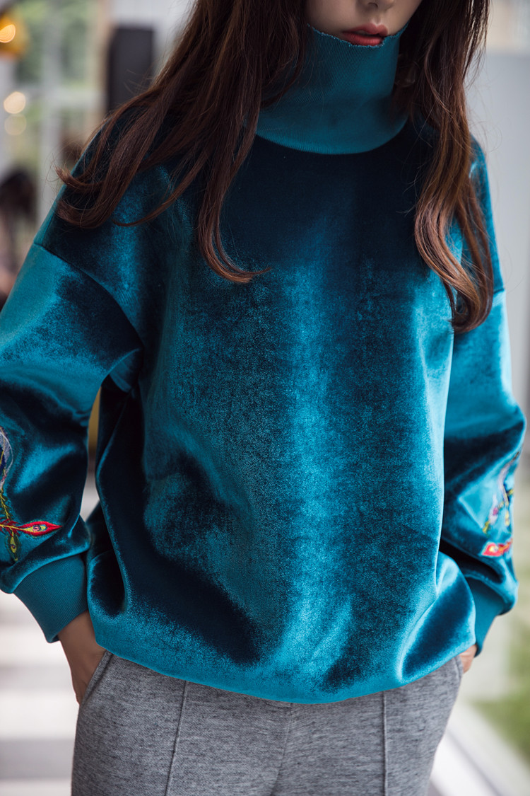 高领复古超厚实孔雀蓝丝绒刺绣卫衣女秋冬款