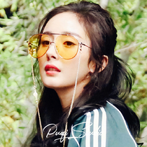 Yang Mi Liu Haoran star style Tide men and women generous frame transparent yellow sunglasses big face round face with chain sun glasses