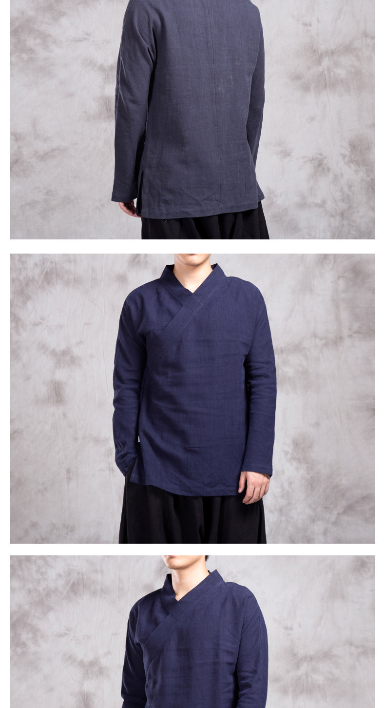 中国风棉麻汉服禅修服休闲古装唐装茶服宽松长袖居士服男装打底衫