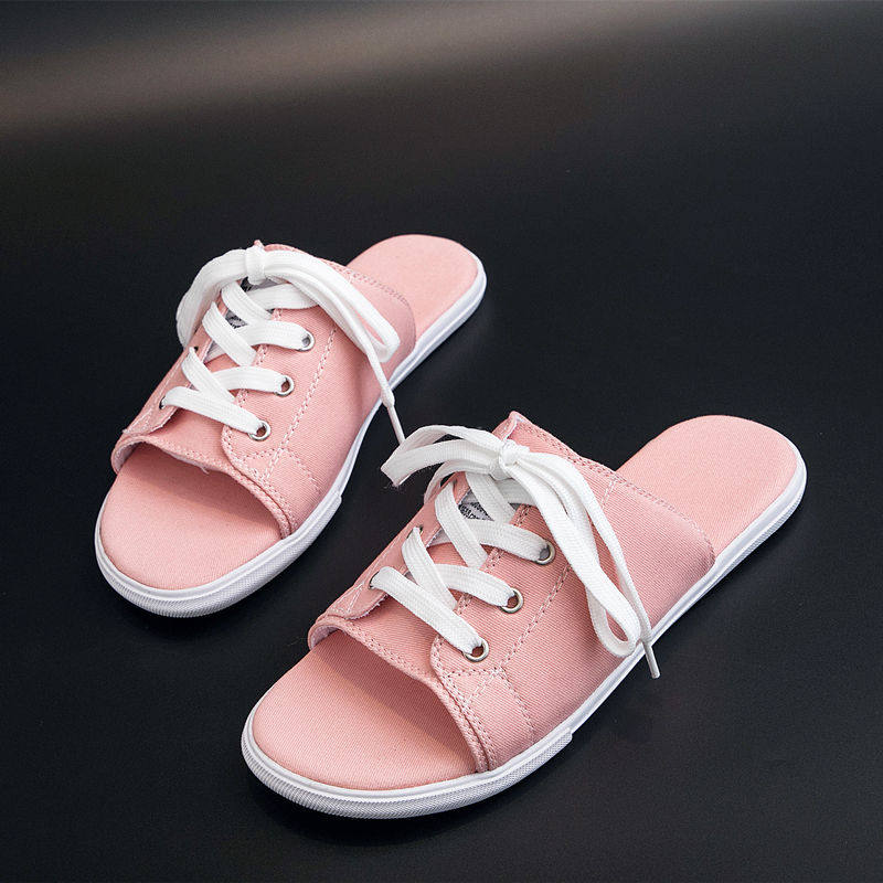 帆布拖鞋女2018新款韩版百搭夏外穿平底牛仔布半拖时尚凉拖鞋露趾