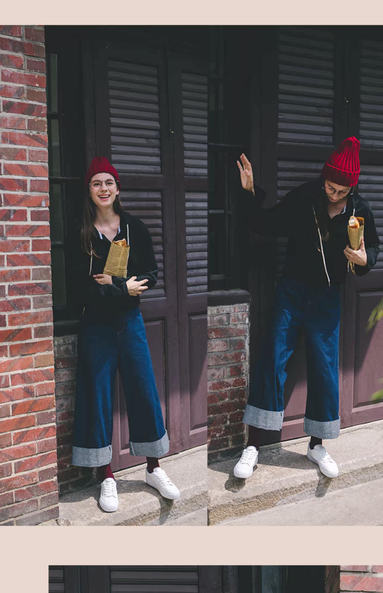 loen女装 短款纽扣秋冬长袖黑色连帽卫衣 日系 法式俏皮 fudge_7折