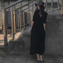 GROS SNIDEL SUMMER V-neck retro little black dress Hepburn style French cold wind dress waist thin skirt