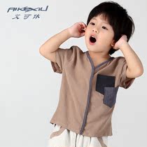 Ai Ke Xiu boys linen shirt children short sleeve T-shirt children thin cotton linen summer baby loose top