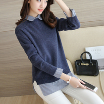 Spring new 2021 Korean fake two-piece top long-sleeved womens sweater loose knitted bottoming shirt jacket autumn