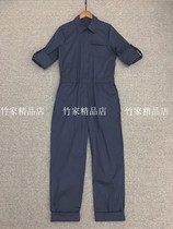 Shuai and beautiful navy blue single pocket can shrink sleeve jumpsuit