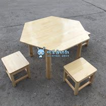 Kindergarten early education Solid wood desks and chairs Childrens dining table Learning six-person table Hexagonal polygon modeling table and chair