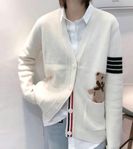 TB Thom 2021 autumn casual V collar pocket cartoon bear Stripe sleeve full wool long sleeve cardigan women