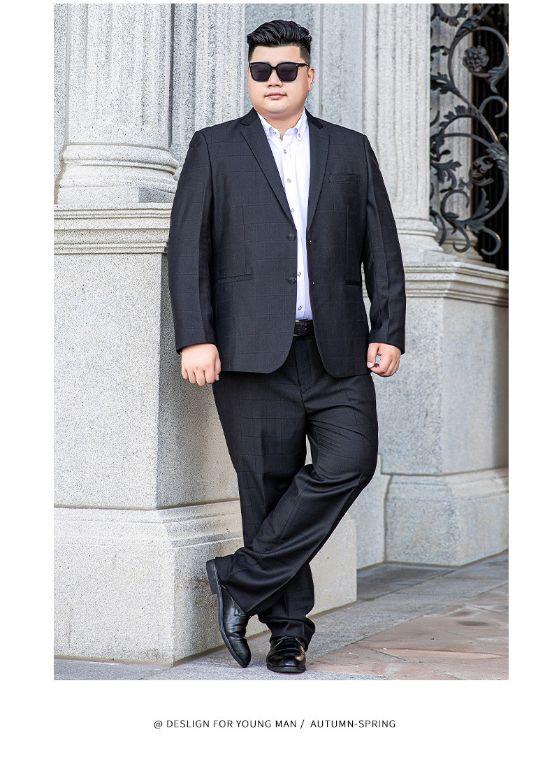 新款胖子西服男套装肥佬宽松暗条纹商务正装加肥加大码西装外套潮