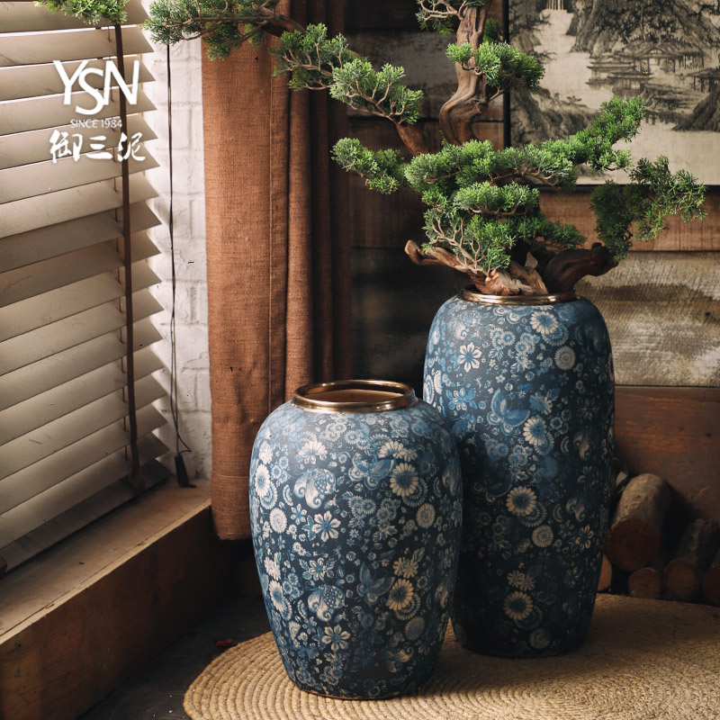 Royal three retro blue and white mud drama props vases, flower implement ground vase archaize ceramic flower implement Chinese wind furnishing articles