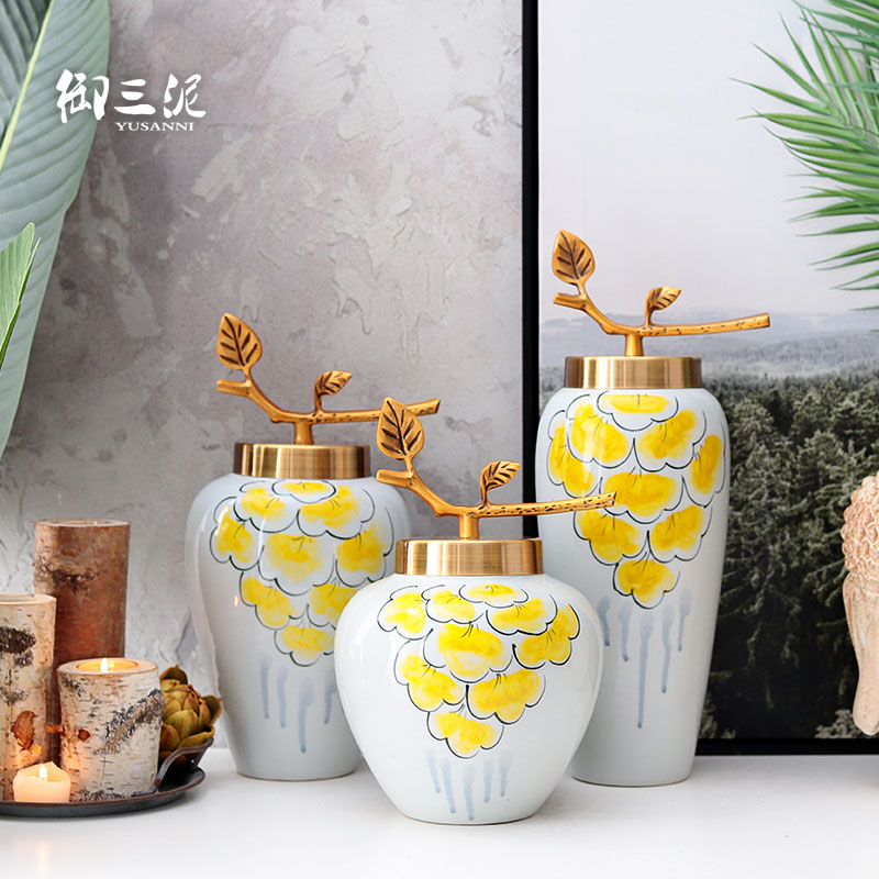 Flower arranging place dry Flower adornment European metal cover ceramic vase desktop household I and contracted the new Chinese style living room